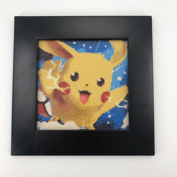Completed Pokemon Pikachu Diamond Painting Wall Art Black Square Frame Glass 14"